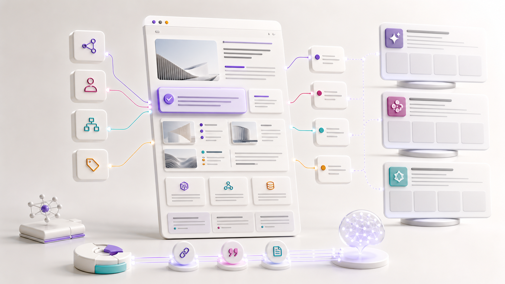 Bloques de respuesta GEO y AEO conectando contenido web, señales de entidad, enlaces internos y motores de respuesta con inteligencia artificial