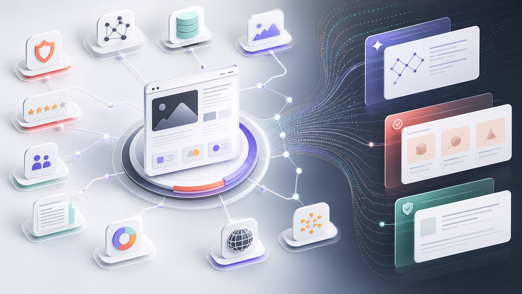 Grafo de fuentes GEO y AEO con una web de marca conectada a pruebas externas, datos estructurados, menciones y paneles de respuesta con inteligencia artificial