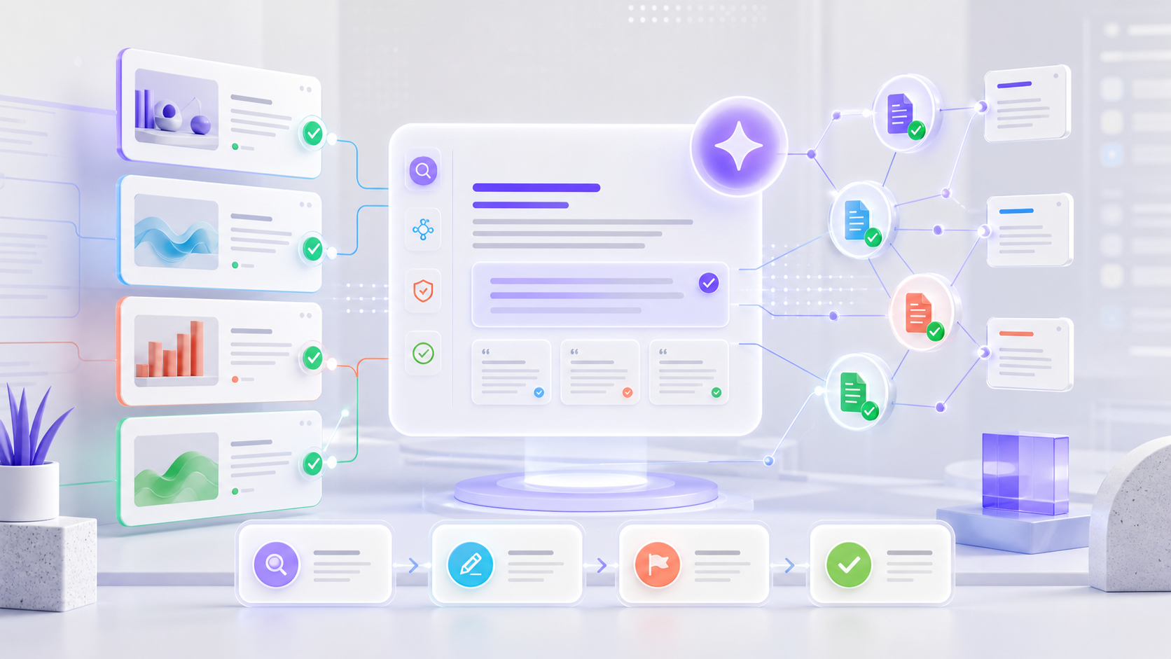 Panel de mantenimiento GEO y AEO con páginas actualizadas, fuentes verificadas, citaciones y señales de rastreo para visibilidad en inteligencia artificial