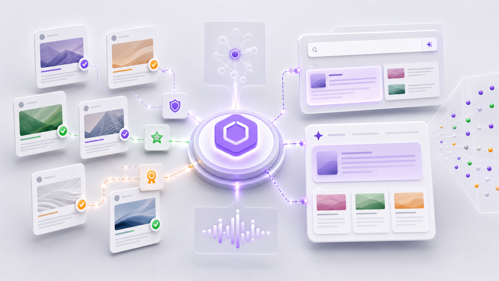 Nodo de marca conectado con fuentes externas verificadas, citaciones y paneles de respuesta de inteligencia artificial para una estrategia GEO y AEO