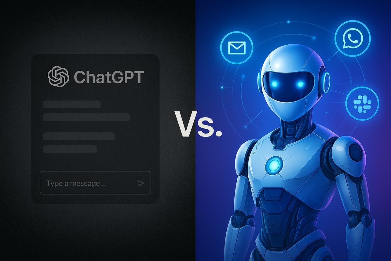 Comparativa visual ChatGPT vs Agentes Autónomos: ChatGPT aislado frente a agente IA conectado a múltiples canales